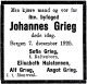 Dødsannonse Johannes Grieg